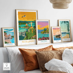 Stylish Rio Brazil poster featured among vintage travel art prints in a modern home setting.