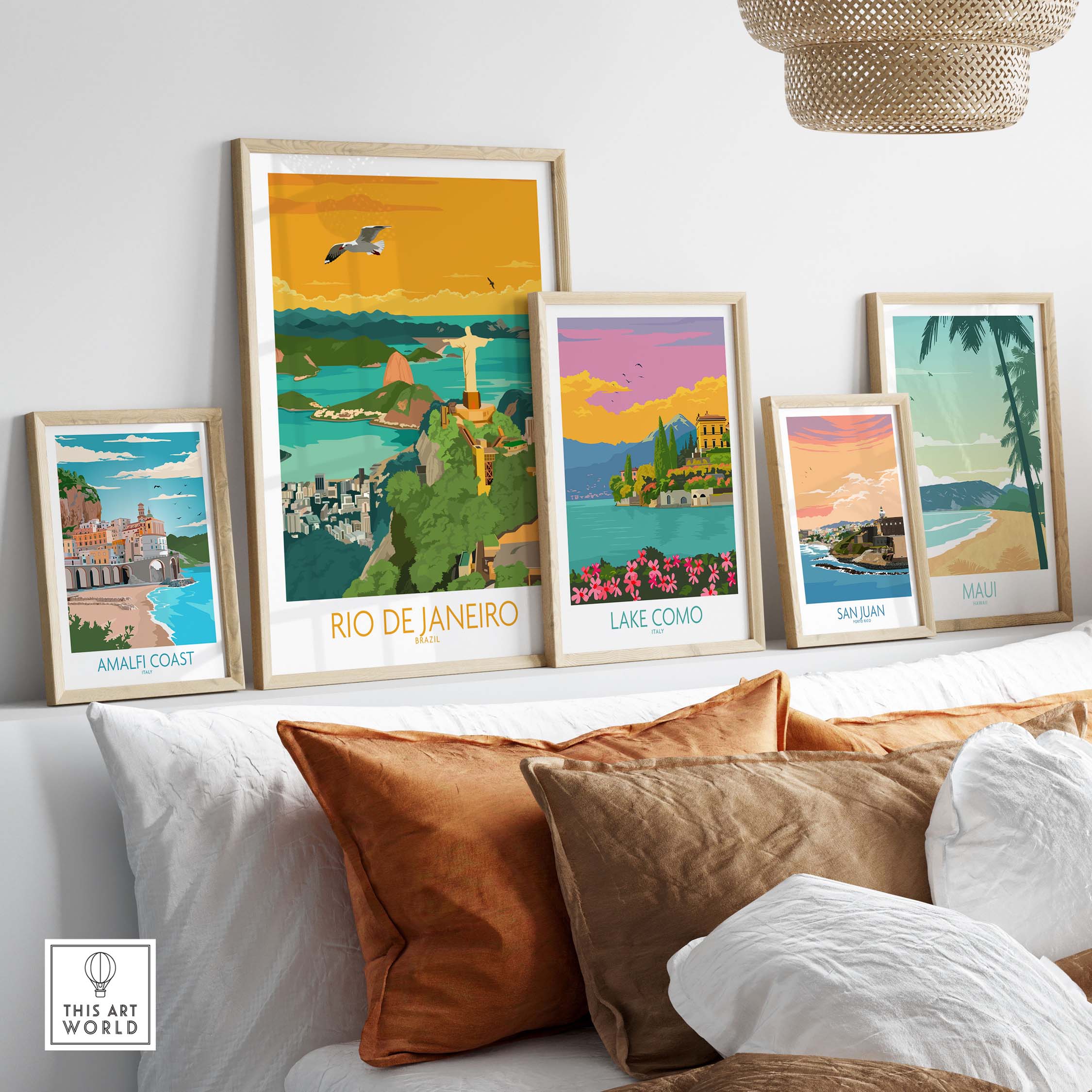 Stylish Rio Brazil poster featured among vintage travel art prints in a modern home setting.