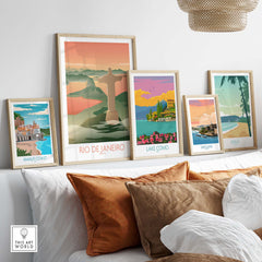 Rio de Janeiro Wall Art collection featuring vintage travel posters displayed stylishly on a modern shelf.