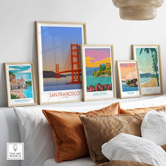 San Francisco Print Poster among vintage travel art prints including Lake Como and Amalfi Coast, styled decor for home or office.