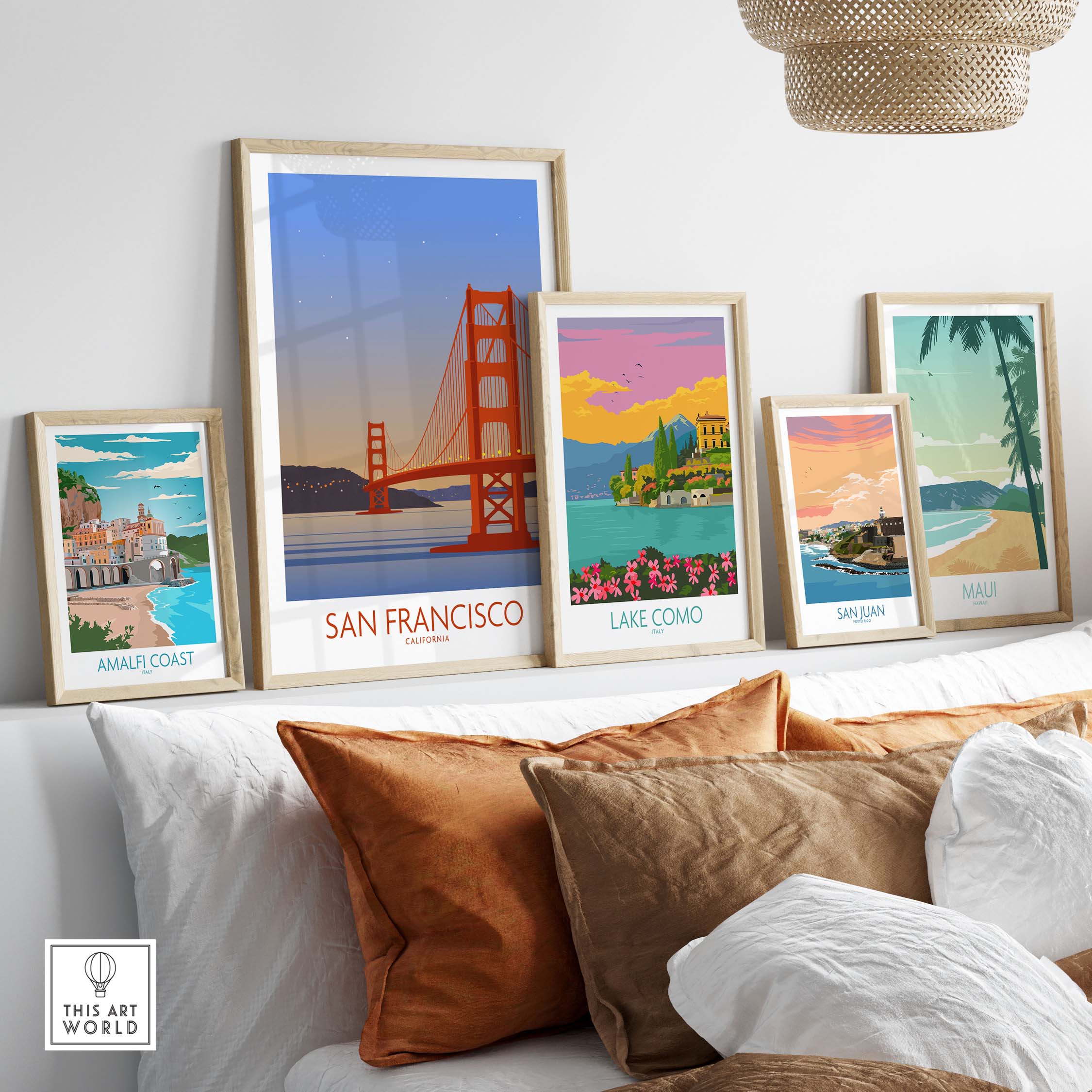 San Francisco Print Poster among vintage travel art prints including Lake Como and Amalfi Coast, styled decor for home or office.