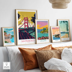 San Francisco poster print displayed with other travel art prints, showcasing vintage style wall decor for home or office.
