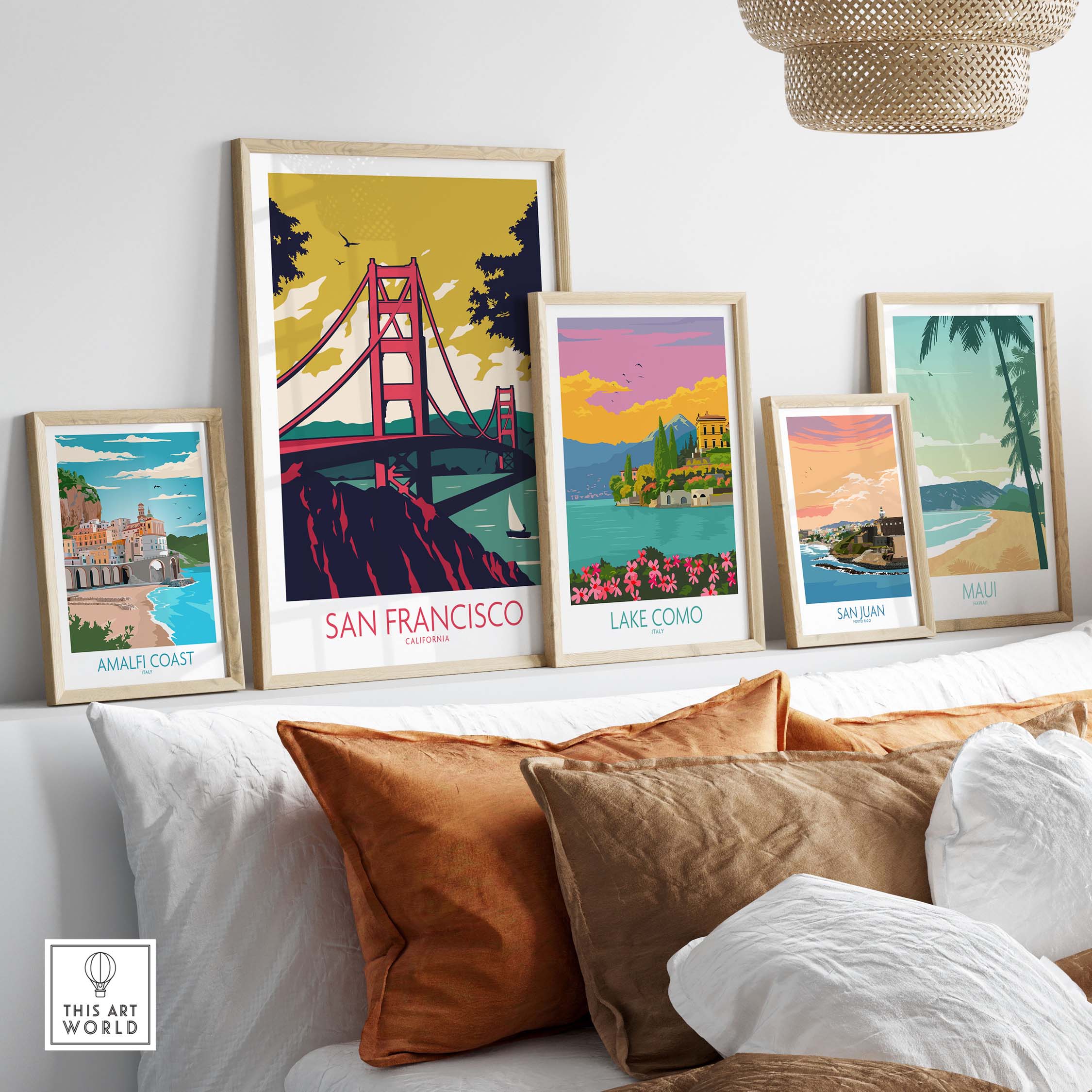 San Francisco poster print displayed with other travel art prints, showcasing vintage style wall decor for home or office.