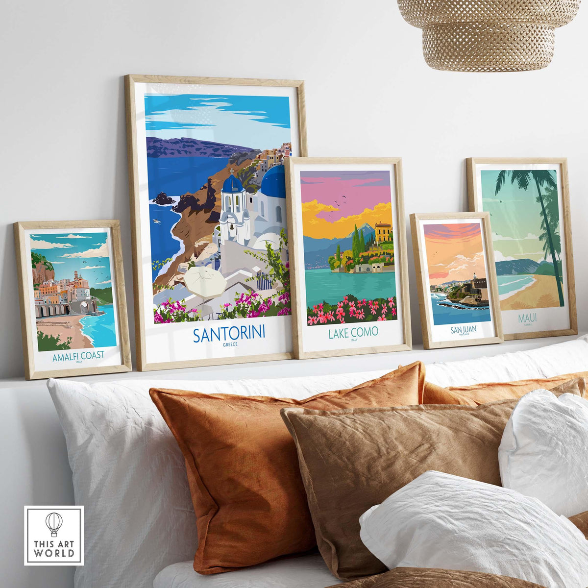 Collection of vintage-inspired travel posters featuring Santorini, Amalfi Coast, Lake Como, San Juan, and Maui.