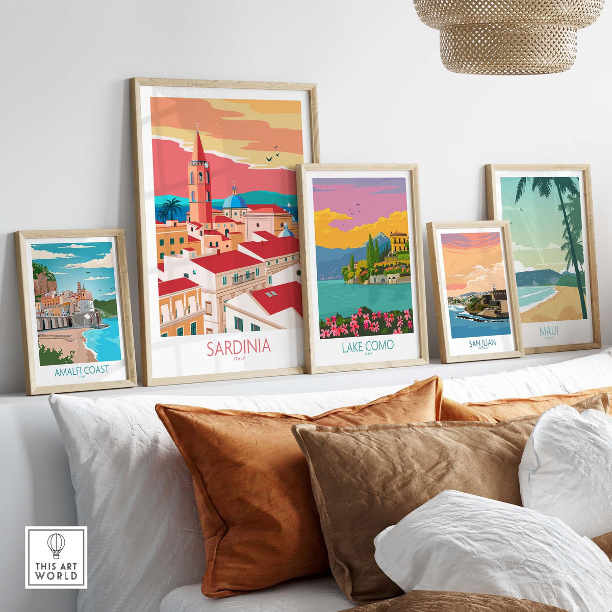 Sardinia Print Italy Travel Poster showcased with other vintage travel posters in a stylish living room setting.