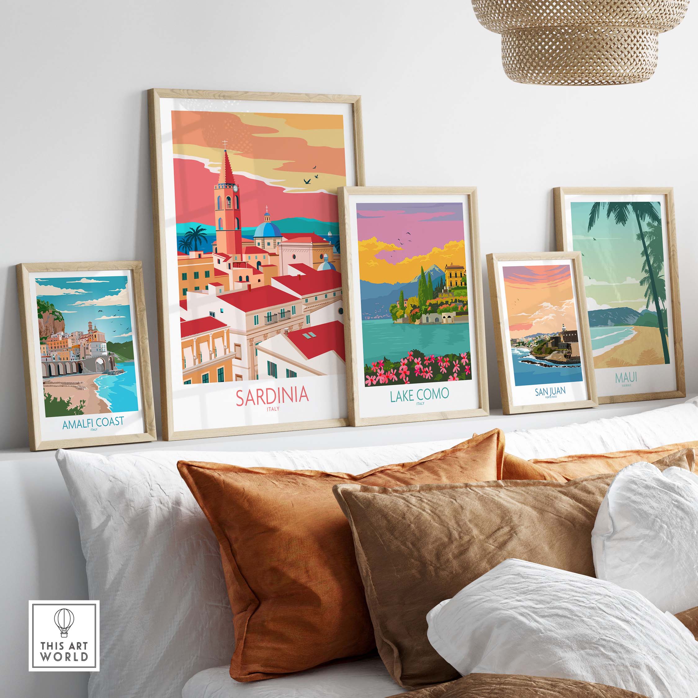 Sardinia Print Italy Travel Poster showcased with other vintage travel posters in a stylish living room setting.