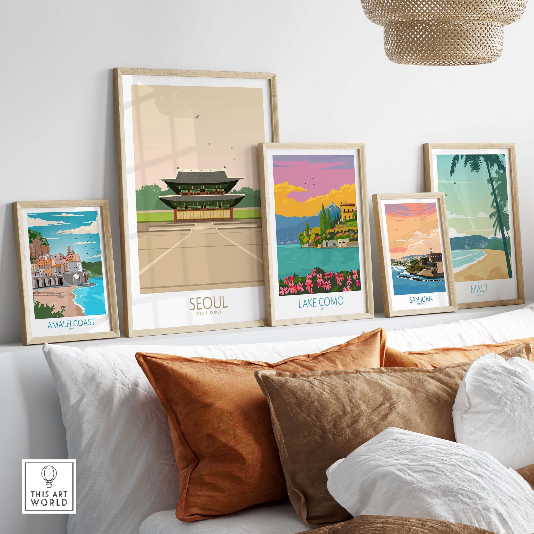 Stylish Seoul Print South Korea Travel Poster framed among other vintage travel artworks on a modern shelf.