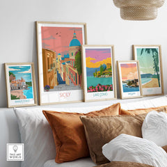 Sicily travel poster wall art print displayed with other vintage prints in a stylish interior setting.
