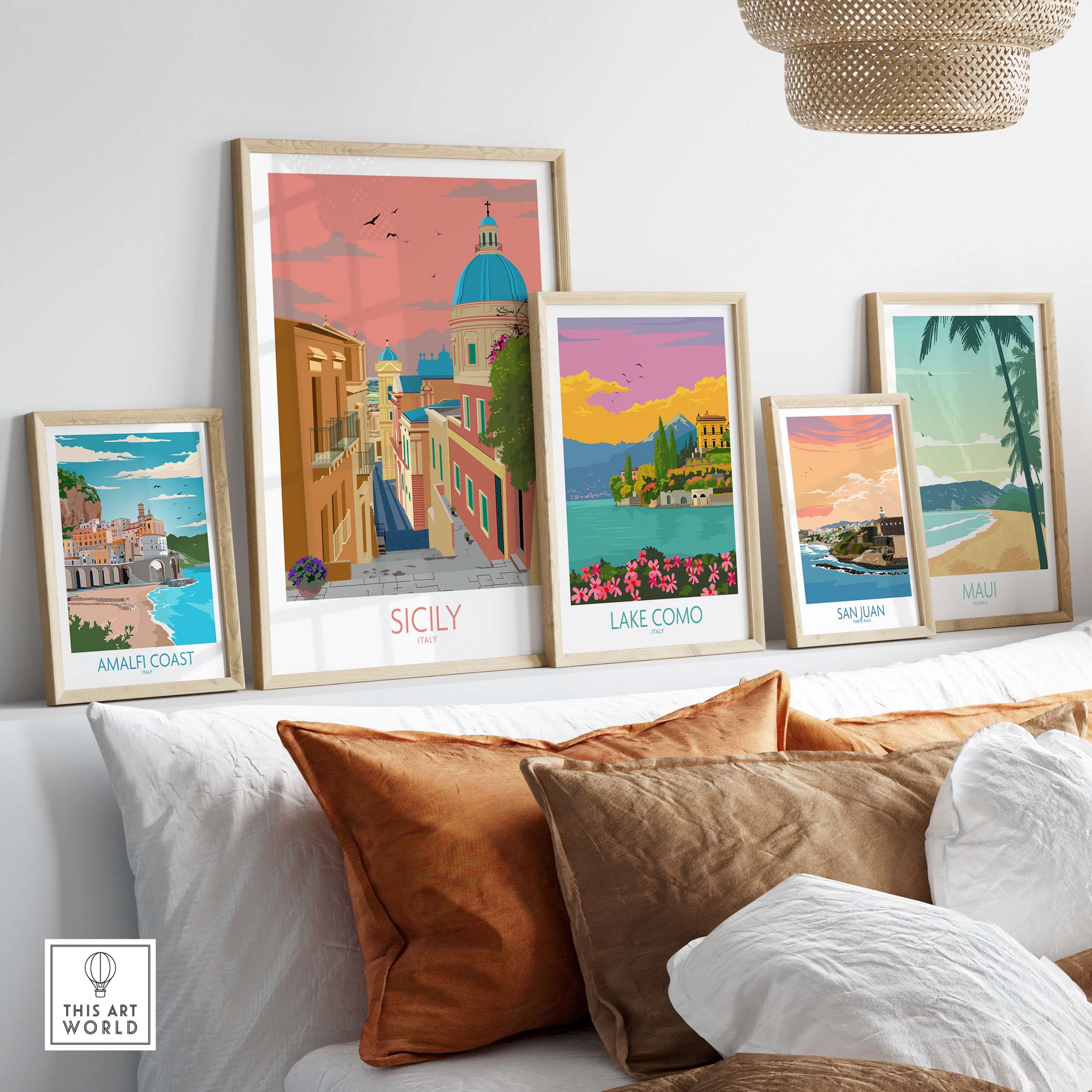 Sicily travel poster wall art print displayed with other vintage prints in a stylish interior setting.