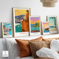 Stylish Sorrento travel art print collection showcasing vibrant vintage designs of Italian destinations.
