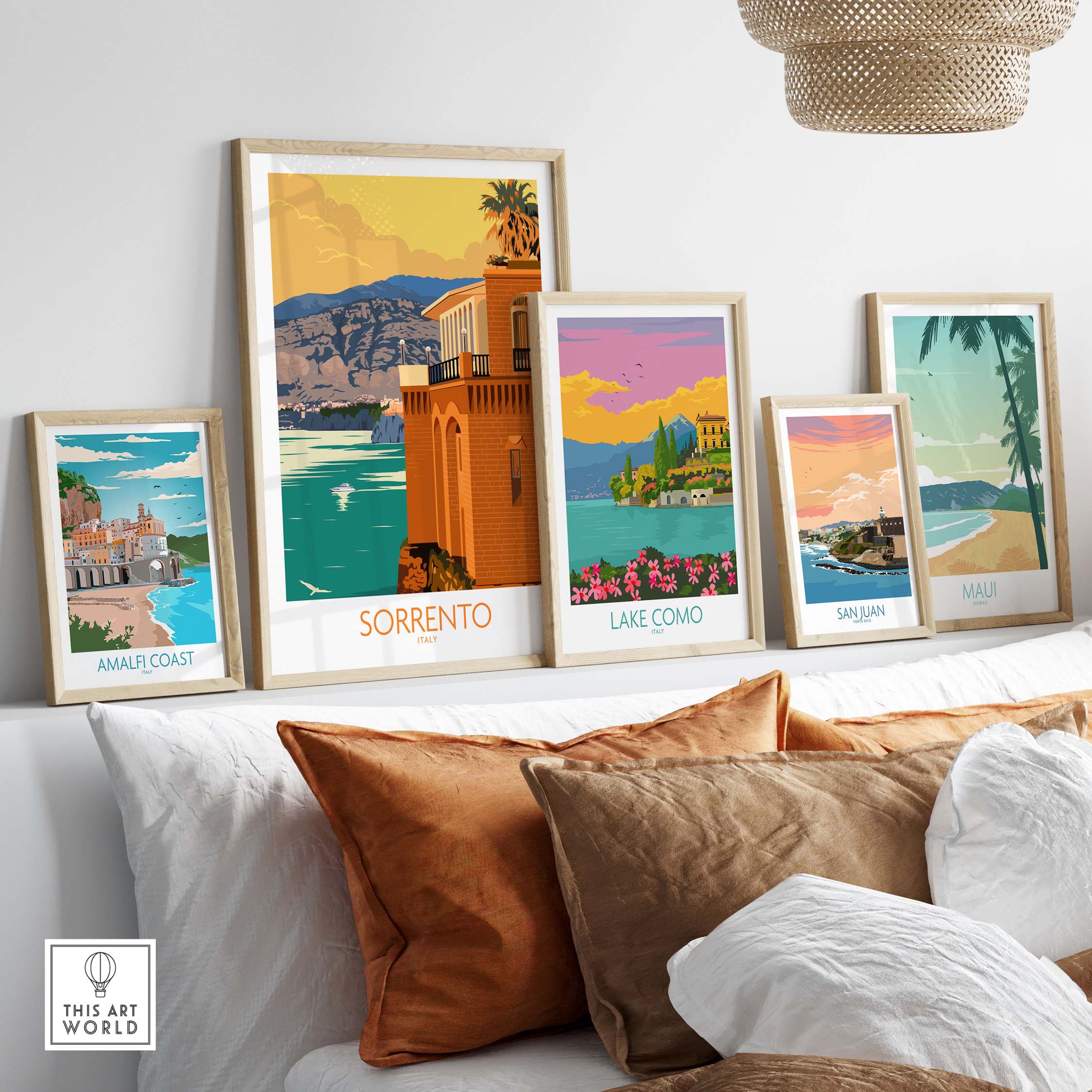 Stylish Sorrento travel art print collection showcasing vibrant vintage designs of Italian destinations.