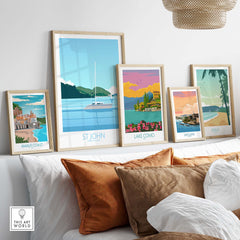 Stylish wall art featuring Virgin Islands Poster St John and other vintage travel prints on a cozy living room setup.