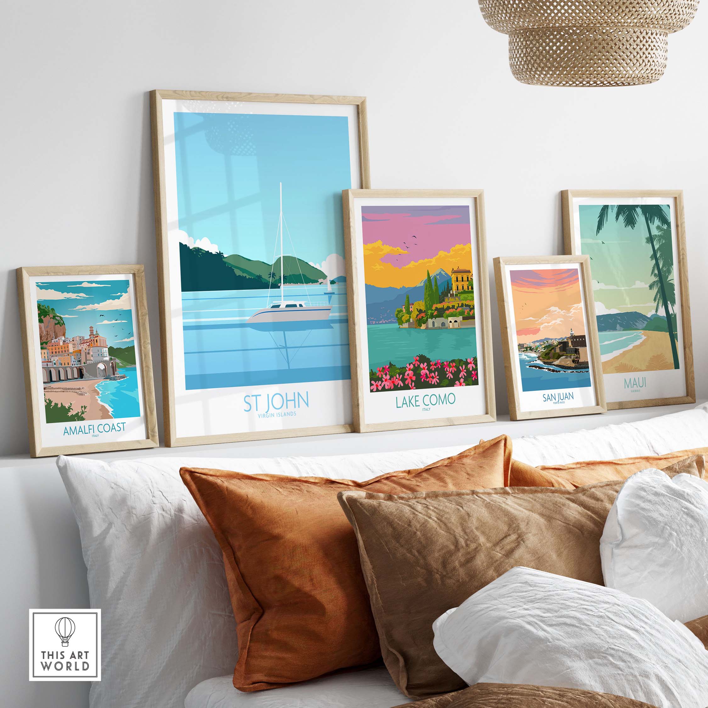Stylish wall art featuring Virgin Islands Poster St John and other vintage travel prints on a cozy living room setup.