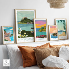 Framed Cornwall Print St Michael's Mount Art displayed with other travel posters in a cozy living space.
