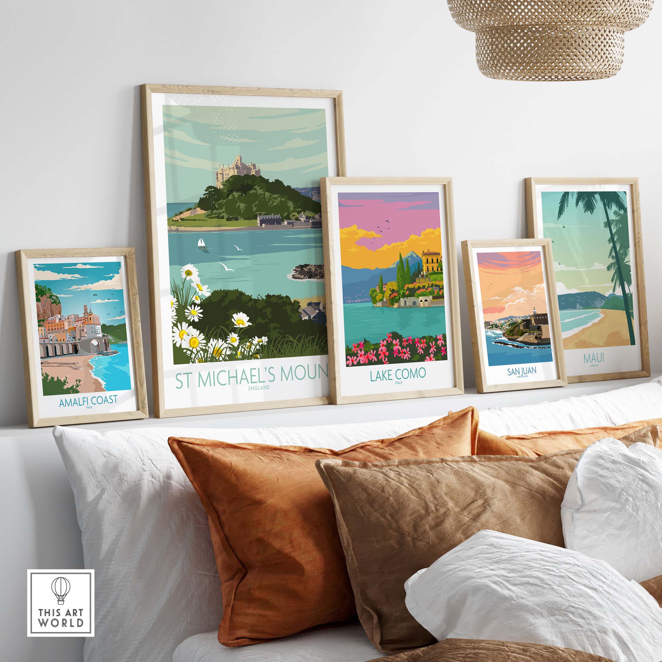 Framed Cornwall Print St Michael's Mount Art displayed with other travel posters in a cozy living space.