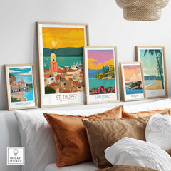 St Tropez Poster Print collection arranged on a wall, showcasing vintage travel art for home decor.