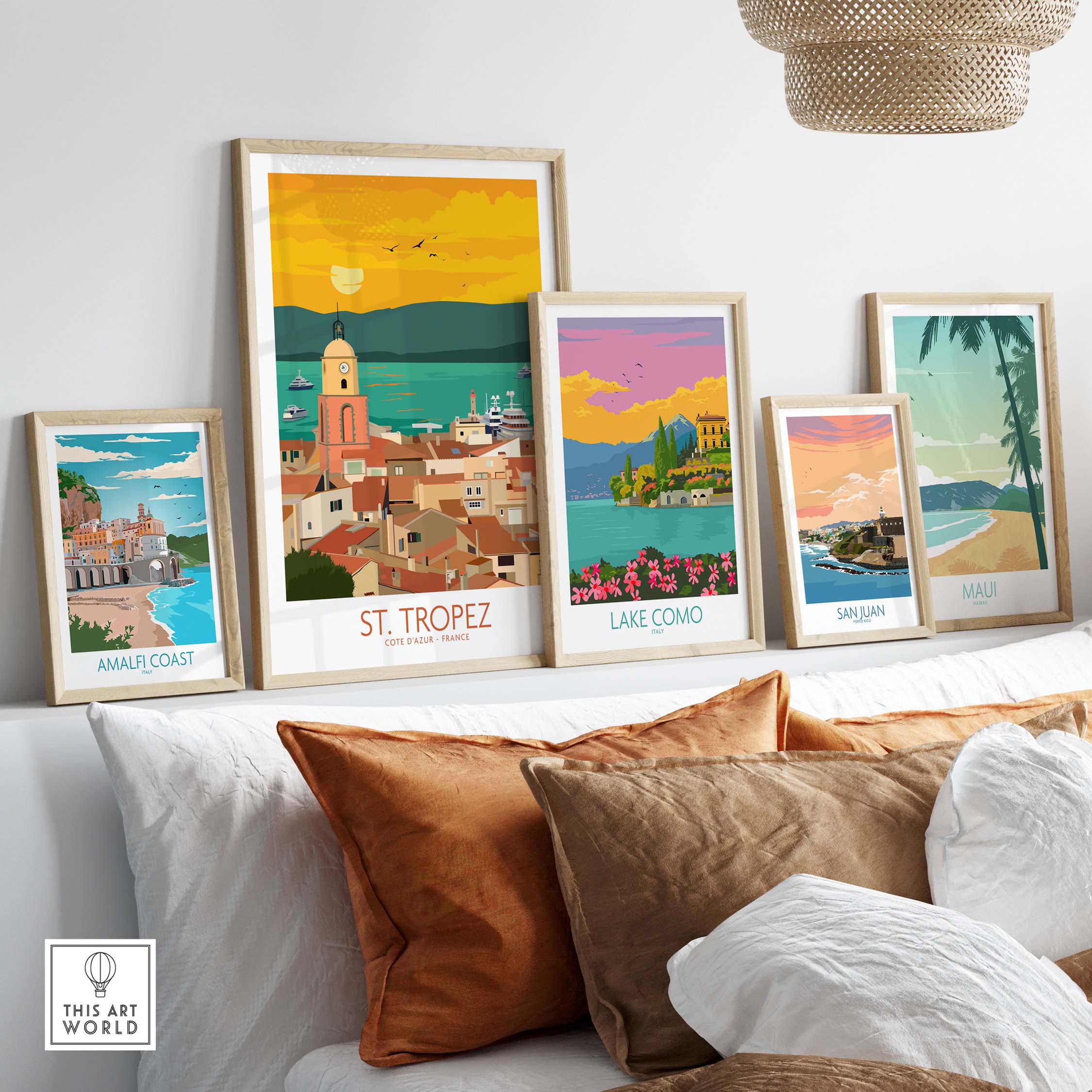 St Tropez Poster Print collection arranged on a wall, showcasing vintage travel art for home decor.