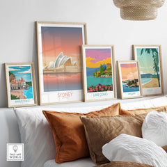 Stylish Sydney Australia wall art displayed in framed prints, perfect for home or office decor inspired by vintage travel posters.
