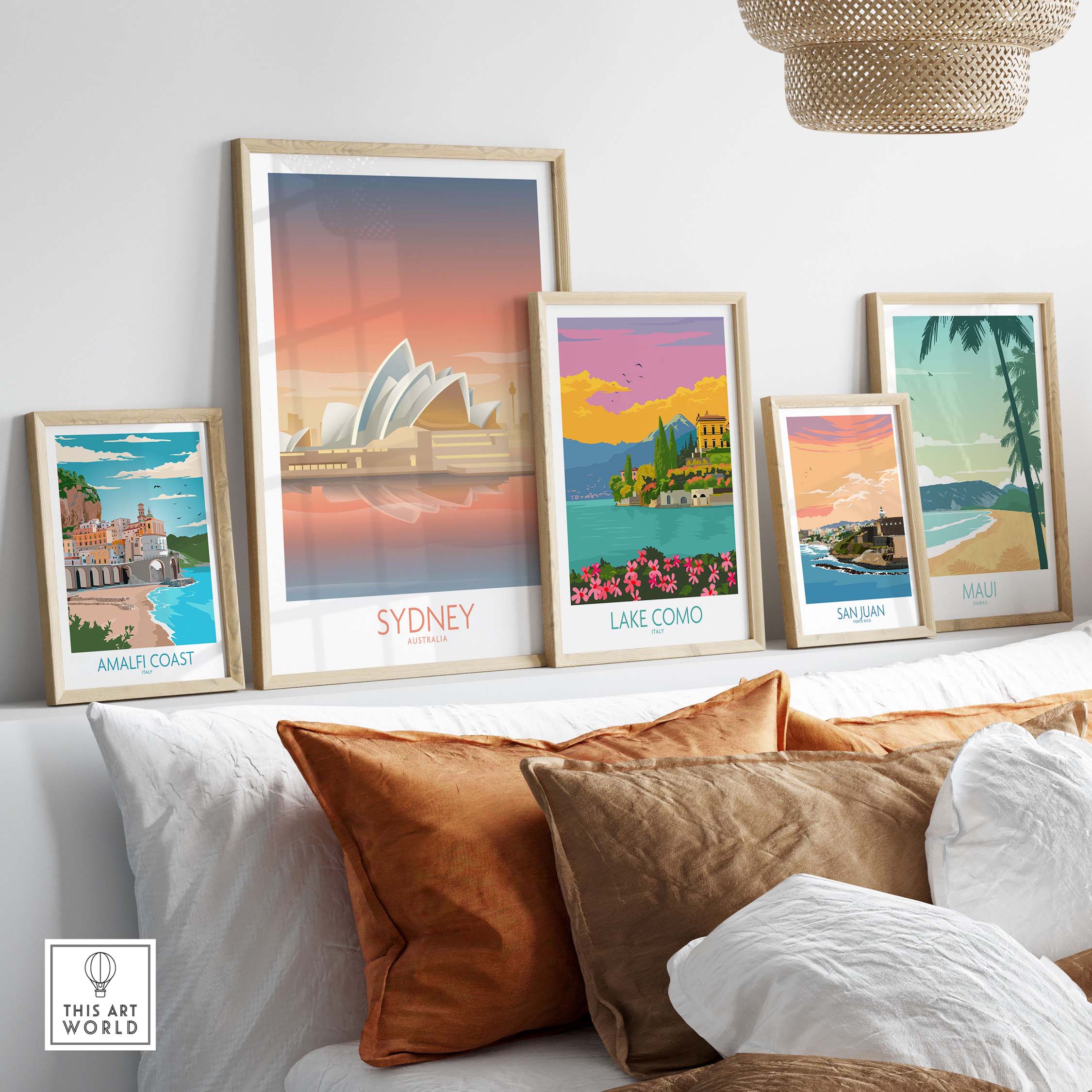Stylish Sydney Australia wall art displayed in framed prints, perfect for home or office decor inspired by vintage travel posters.