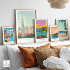 Stylish travel posters featuring Taipei and various destinations, displayed elegantly on a modern home decor setup.