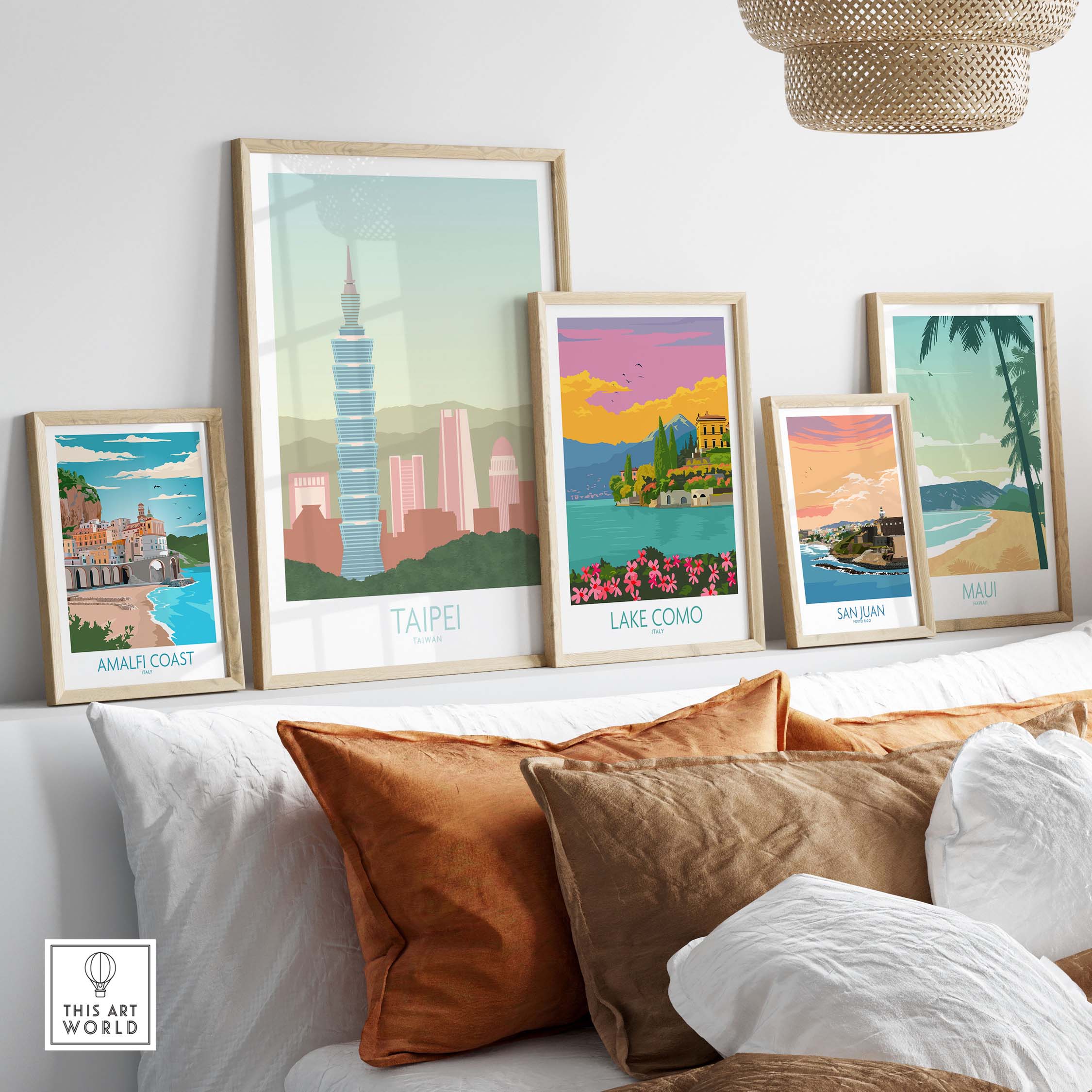 Stylish travel posters featuring Taipei and various destinations, displayed elegantly on a modern home decor setup.