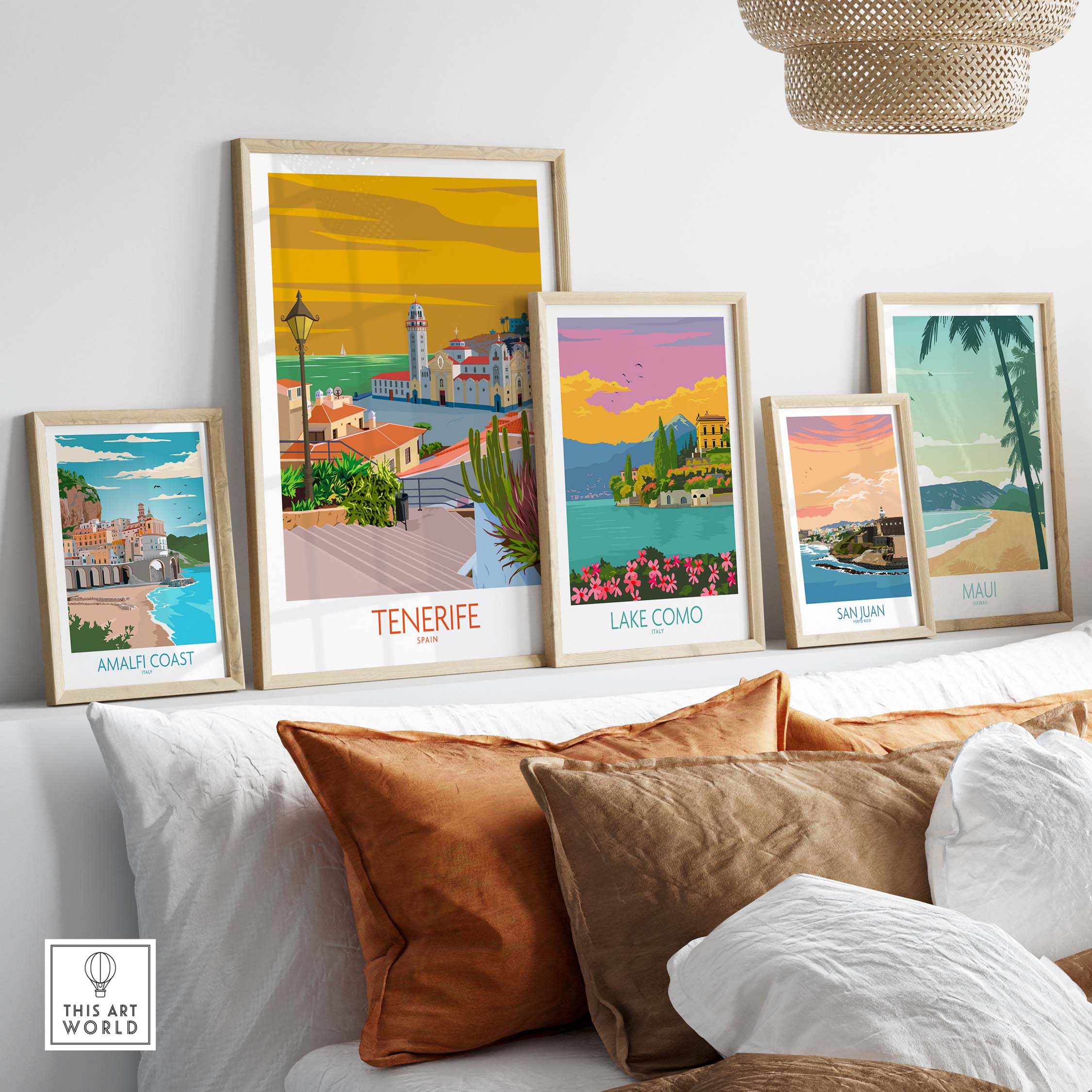 Framed Tenerife poster and travel art prints in a stylish home setting showcasing travel destinations.