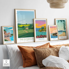 Stylish framed travel posters including The Cotswolds, Lake Como, and Amalfi Coast for home decor.