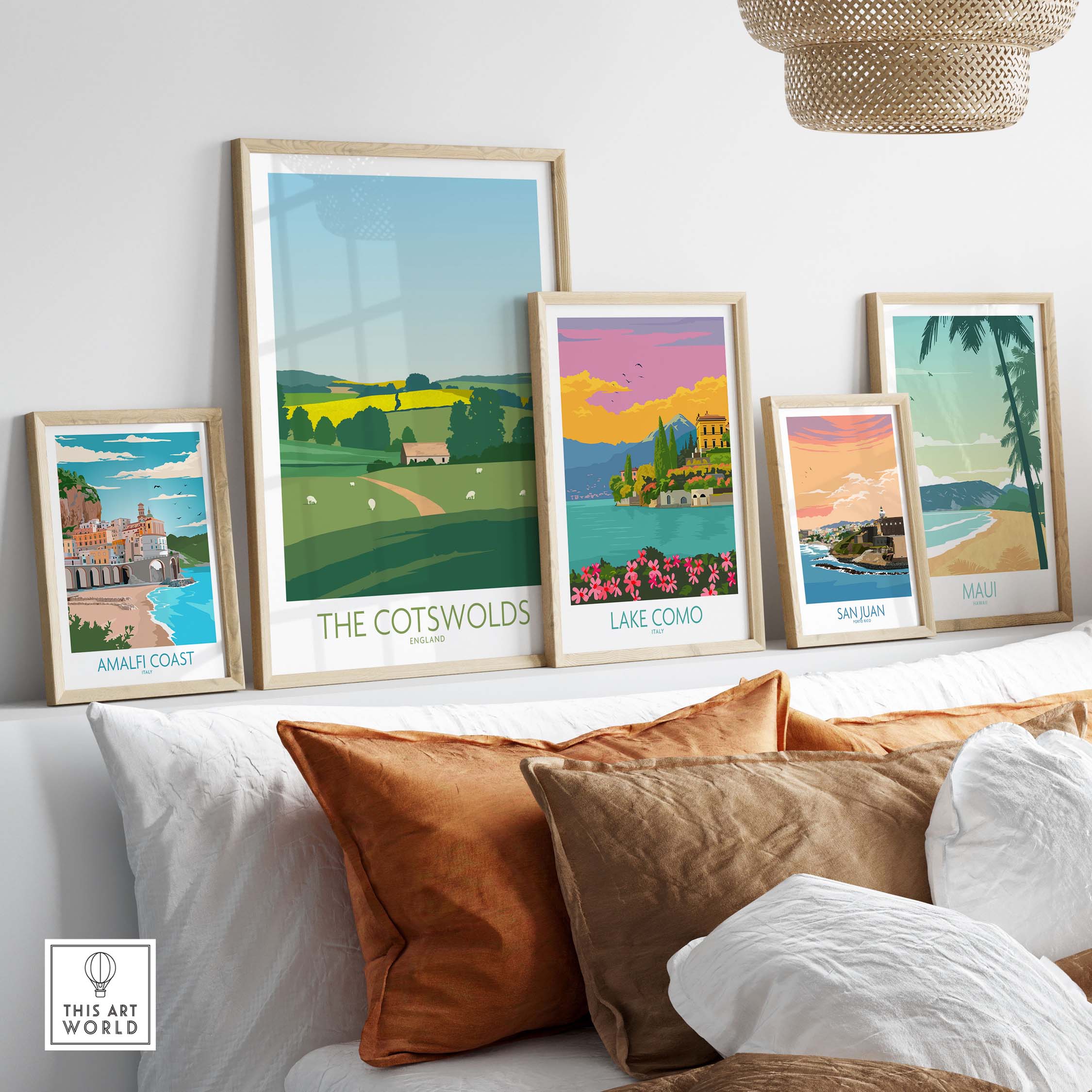 Stylish framed travel posters including The Cotswolds, Lake Como, and Amalfi Coast for home decor.