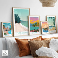 Philippines Print Travel Poster displayed with other scenic travel art prints in a stylish home setting.