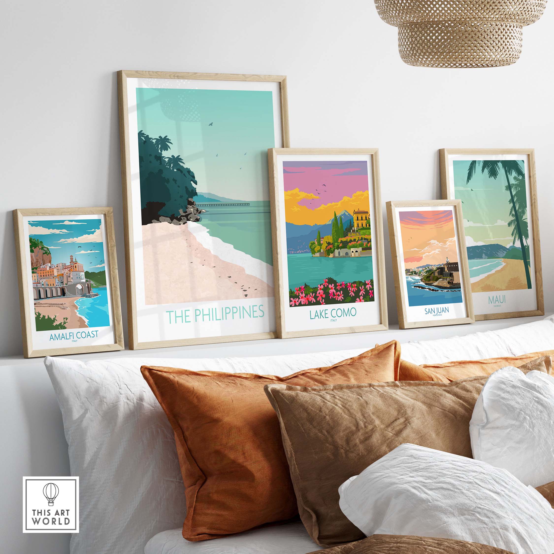 Philippines Print Travel Poster displayed with other scenic travel art prints in a stylish home setting.