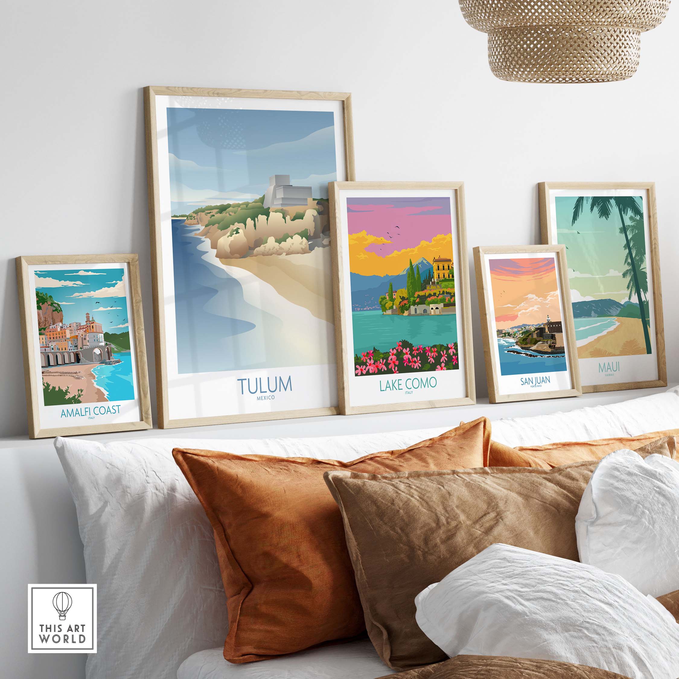 Tulum Mexico wall art print displayed among vintage travel posters for Amalfi Coast, Lake Como, San Juan, and Maui.
