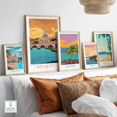 Vatican City poster among stylish vintage travel art prints on a cozy home decor display.