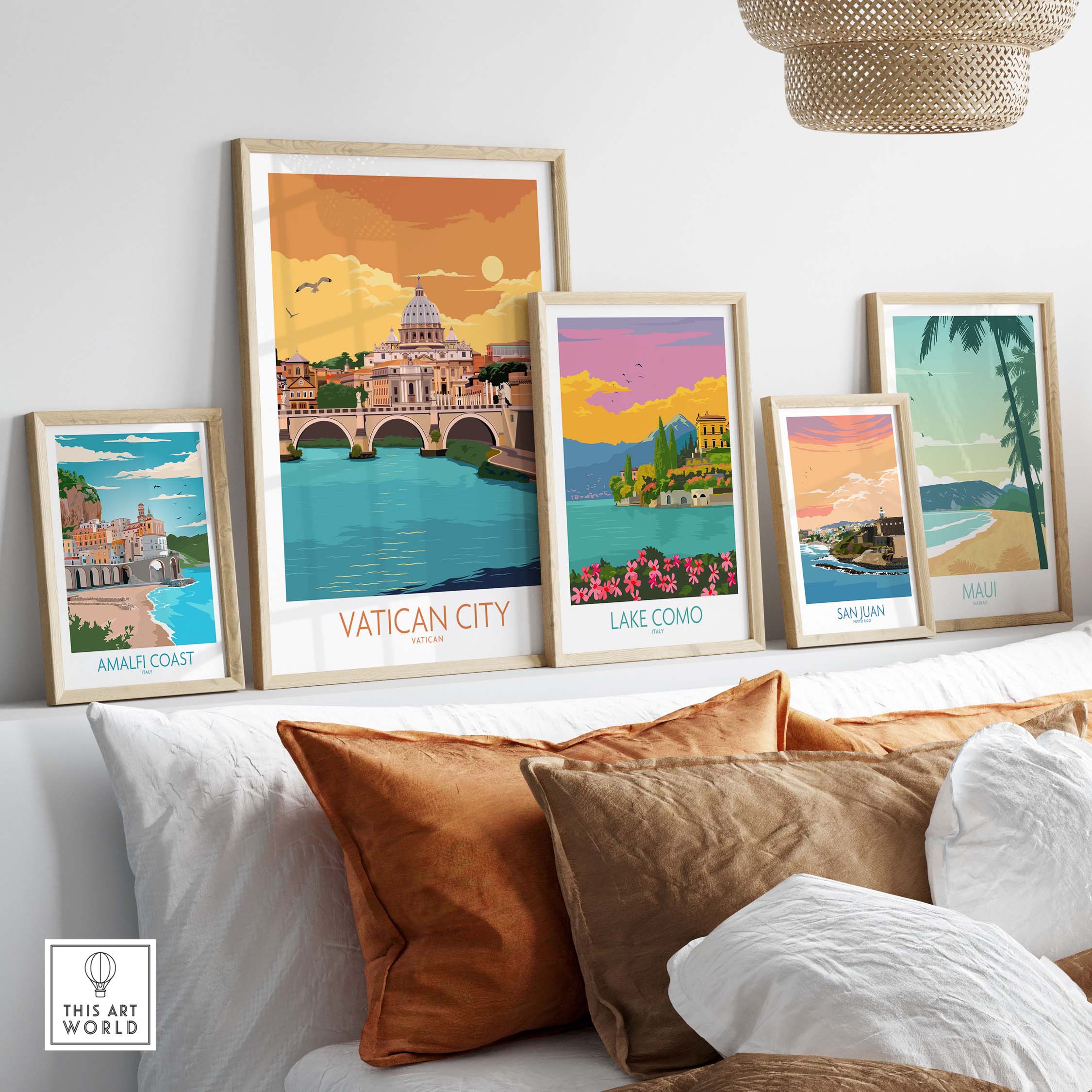 Vatican City poster among stylish vintage travel art prints on a cozy home decor display.