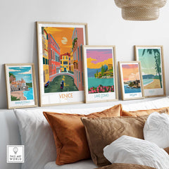 Venice travel poster art print displayed with other vintage-inspired prints in a stylish home setting.