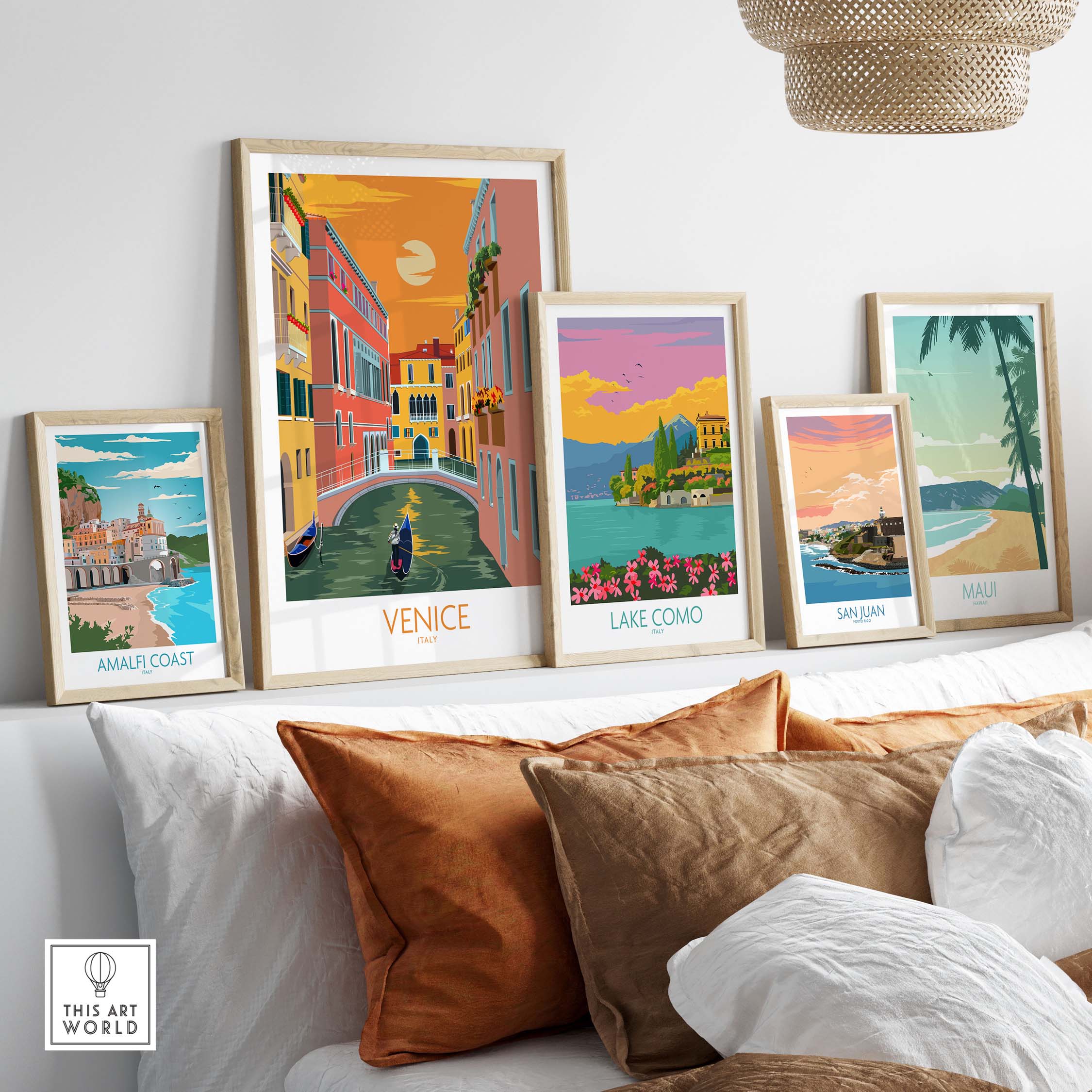 Venice travel poster art print displayed with other vintage-inspired prints in a stylish home setting.