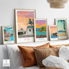 Vienna Print Austria Travel Poster displayed among other vintage travel posters in a stylish home setting.