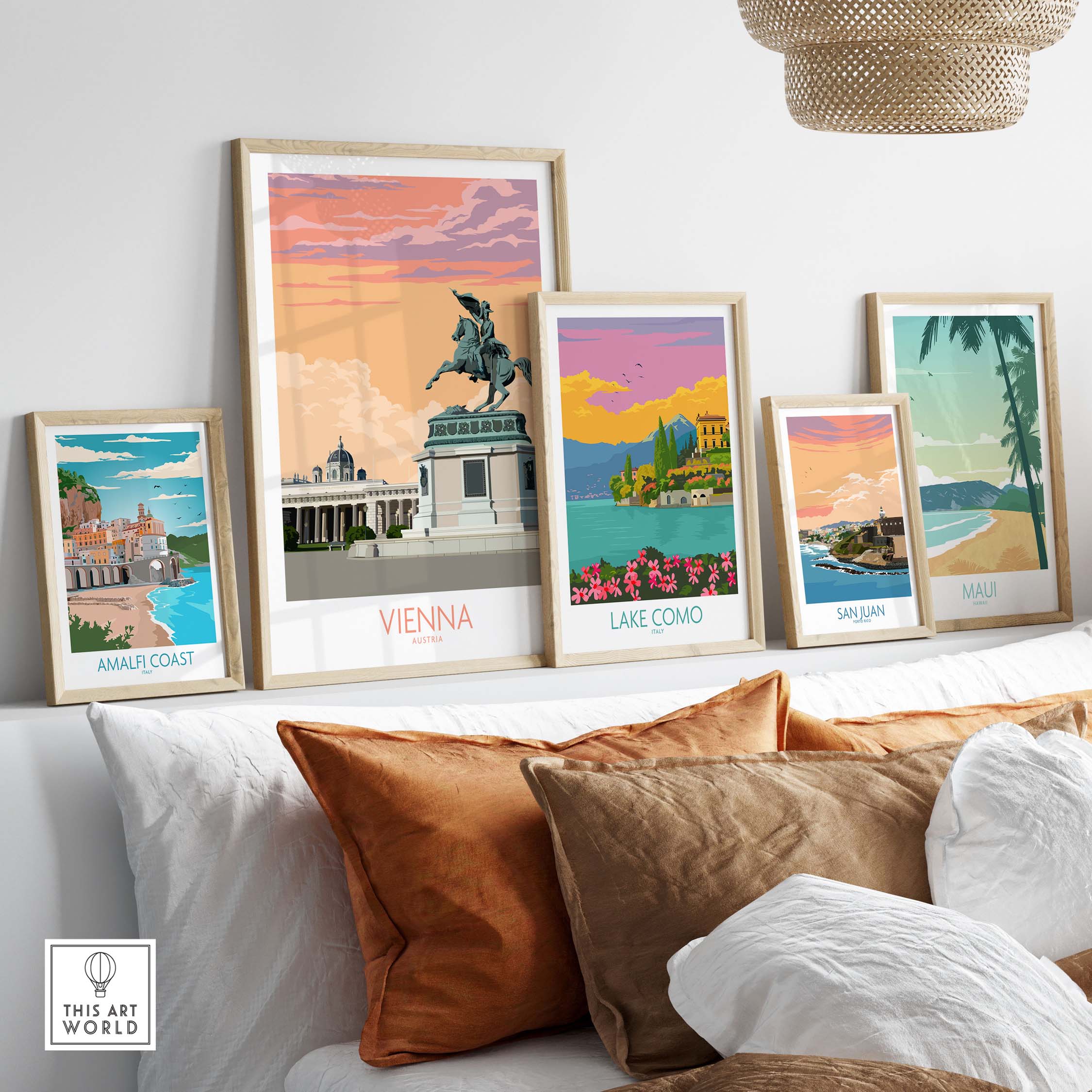 Vienna Print Austria Travel Poster displayed among other vintage travel posters in a stylish home setting.