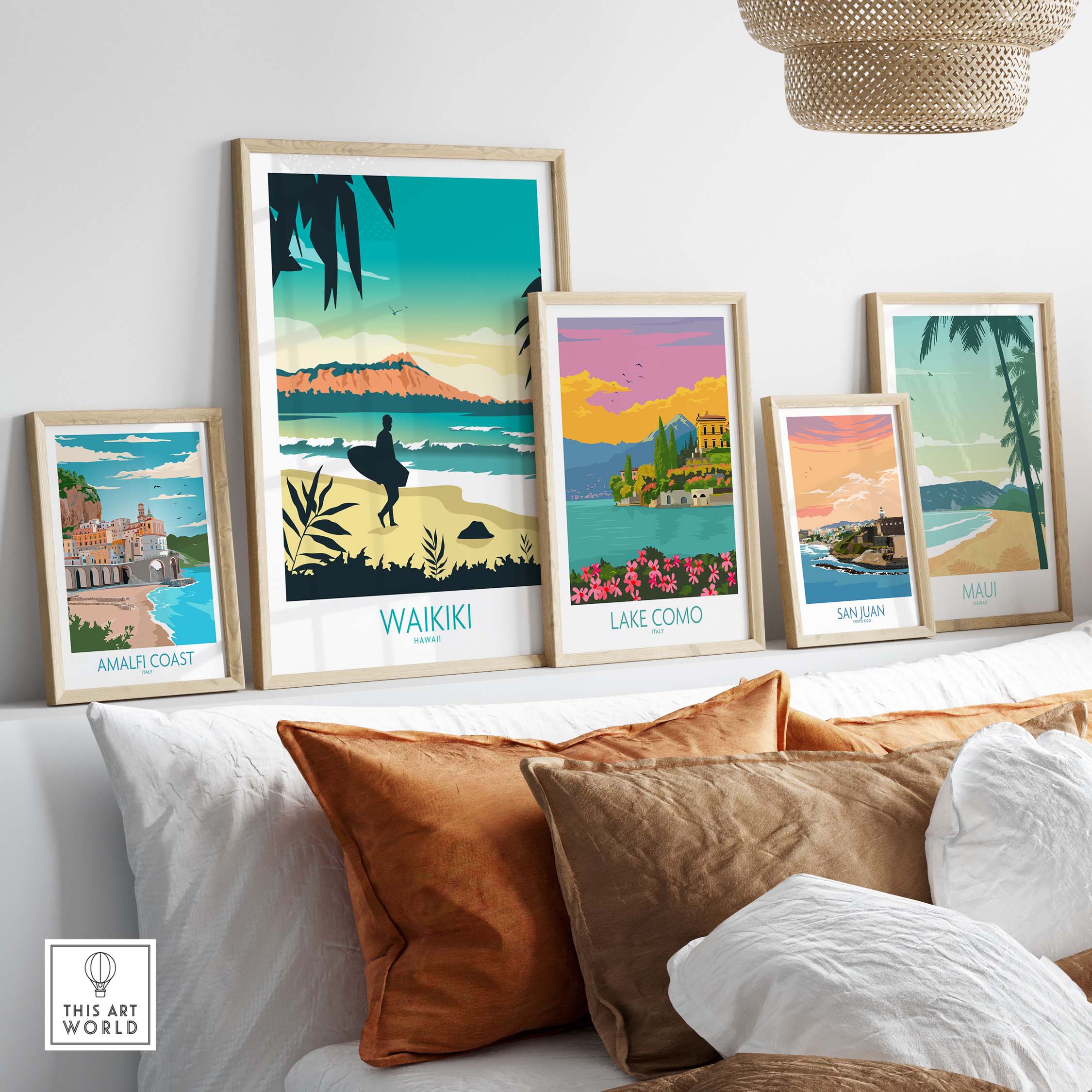 Waikiki Hawaii poster print and travel art collection displayed on a shelf with stylish framing in a modern living space.