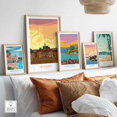 Stylish Warsaw Print Poland Poster alongside other vintage travel artwork in a modern home setting.