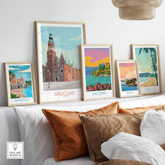 Wroclaw Print Poland Travel Poster displayed among other travel posters in a stylish home setting.