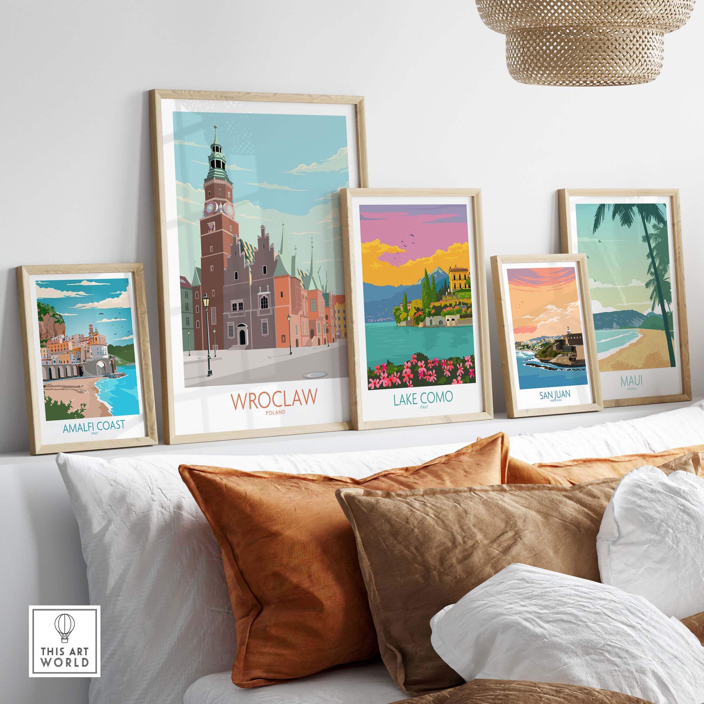 Wroclaw Print Poland Travel Poster displayed among other travel posters in a stylish home setting.