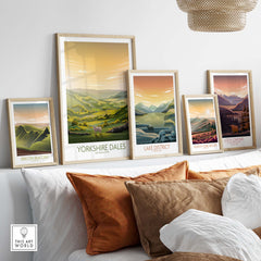 Yorkshire Dales National Park poster set displayed in stylish frames on a living room wall, featuring scenic landscapes.