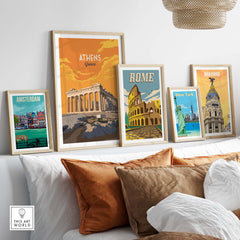 Athens Print Greece Poster displayed with other city posters, showcasing vintage travel art in a stylish home setting.