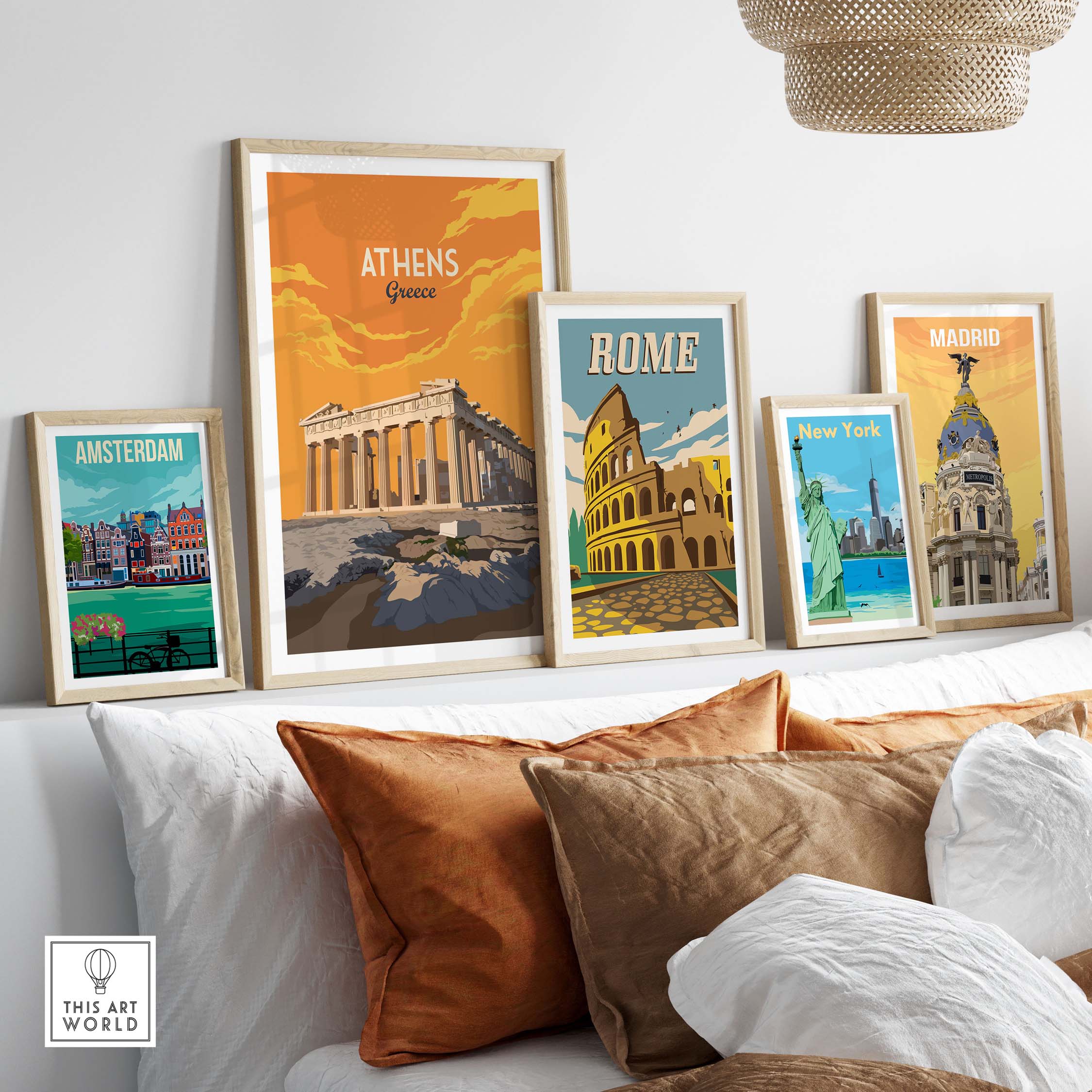 Athens Print Greece Poster displayed with other city posters, showcasing vintage travel art in a stylish home setting.