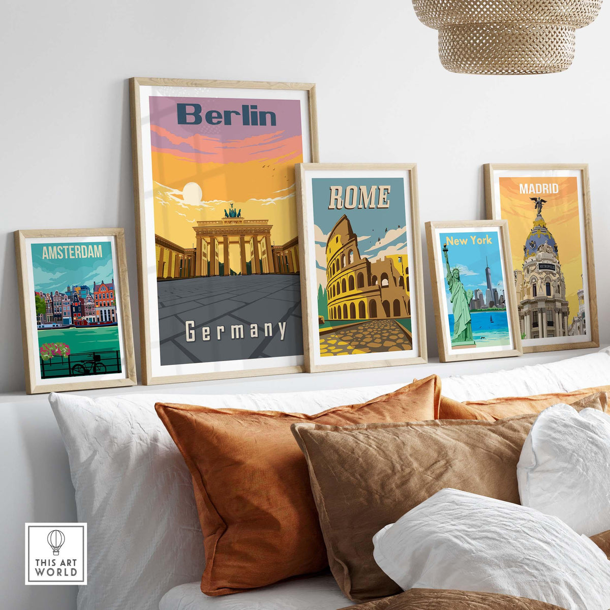 Berlin Poster and travel prints of Amsterdam, Rome, and Madrid displayed on a stylish living room wall.