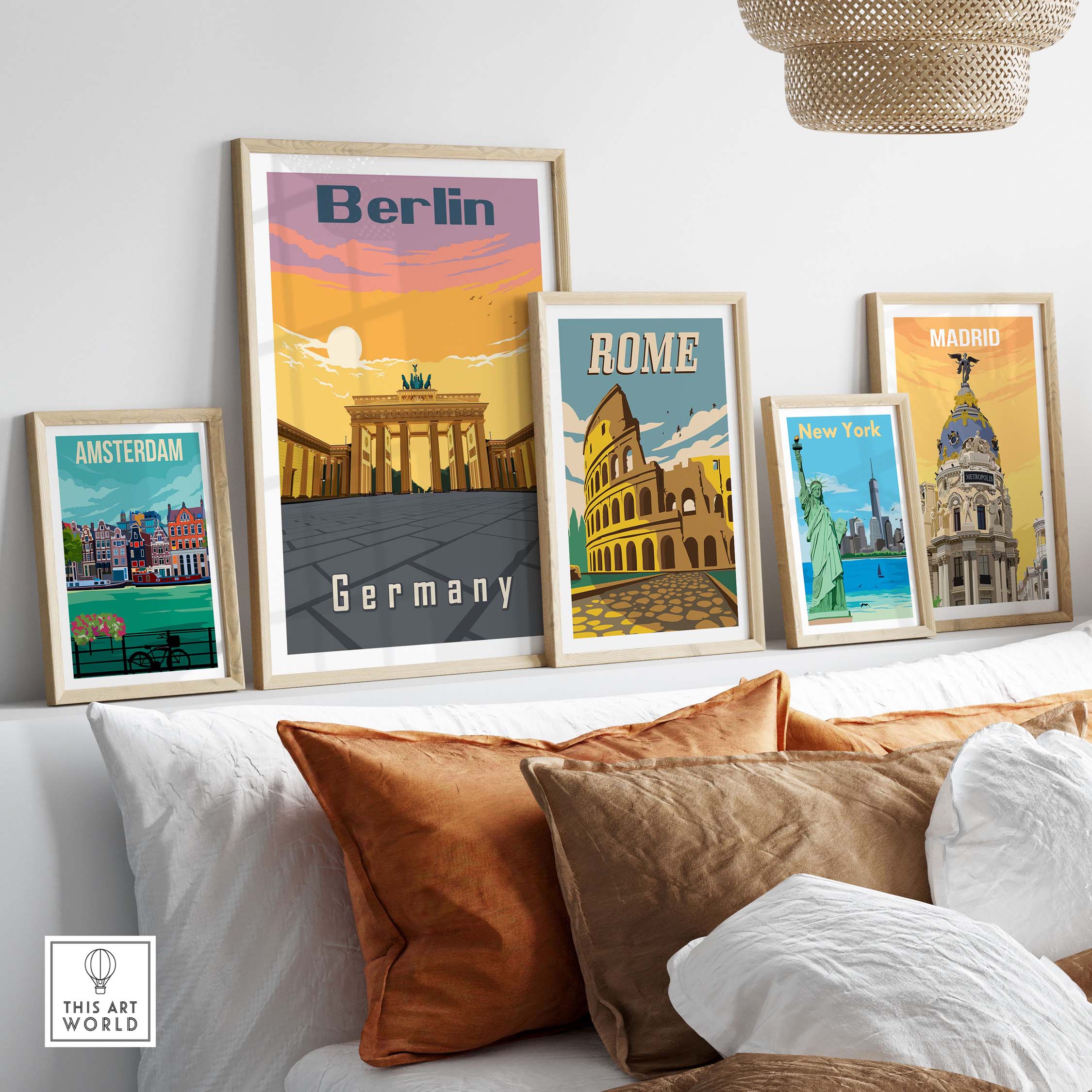 Berlin Poster and travel prints of Amsterdam, Rome, and Madrid displayed on a stylish living room wall.