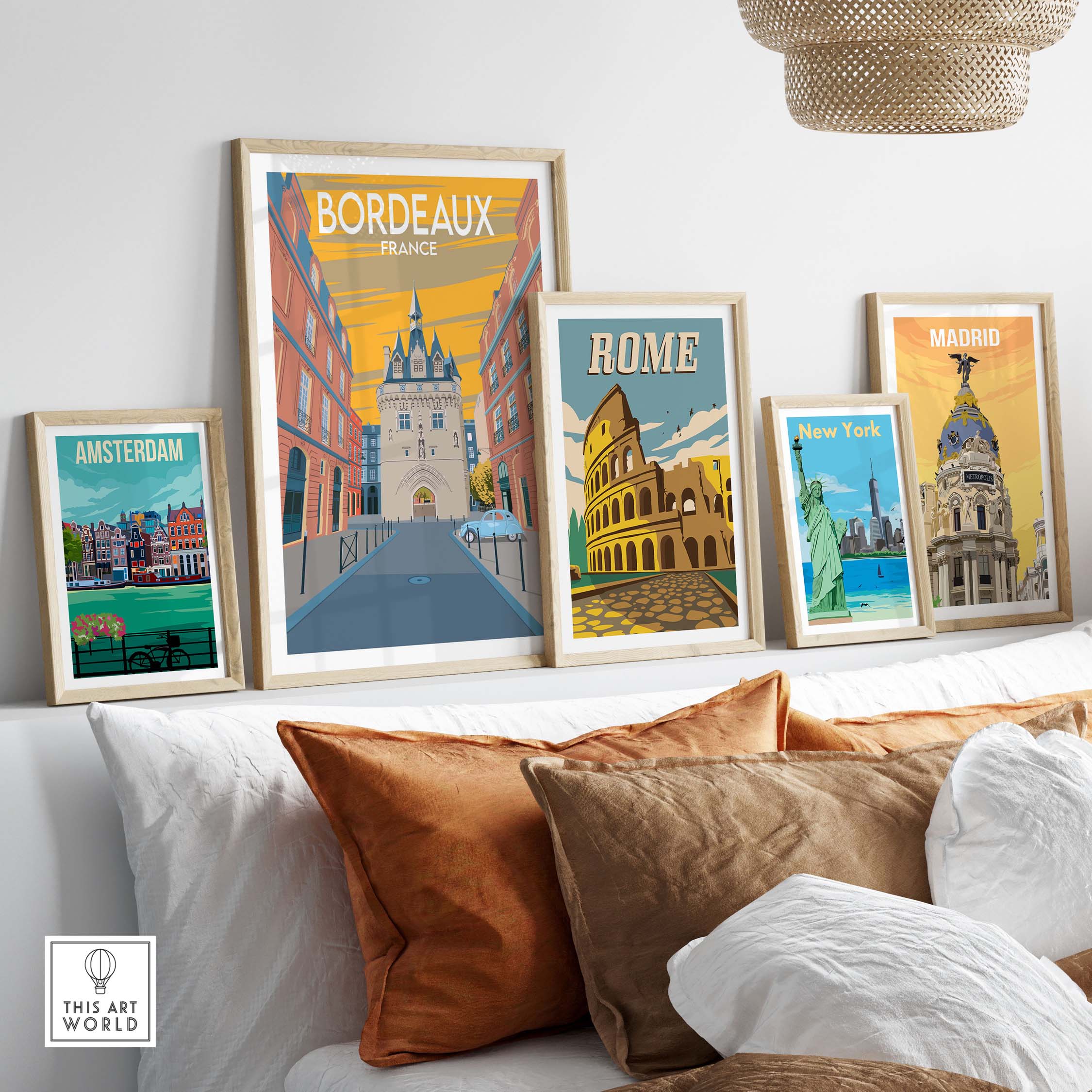 Bordeaux poster print among framed travel posters of Amsterdam, Rome, New York, and Madrid on a stylish wall.