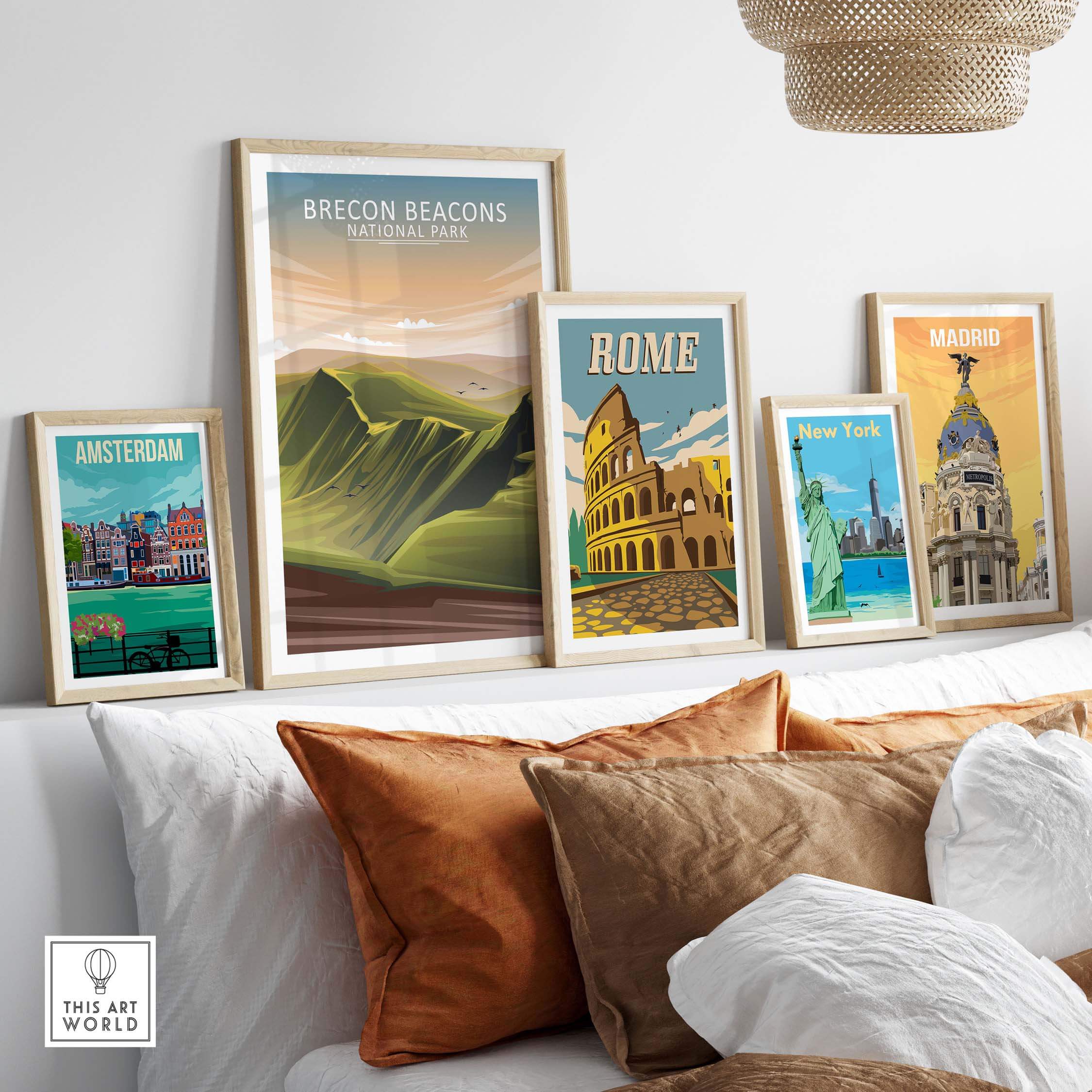 Brecon Beacons National Park poster displayed with framed prints of famous cities on a stylish wall.