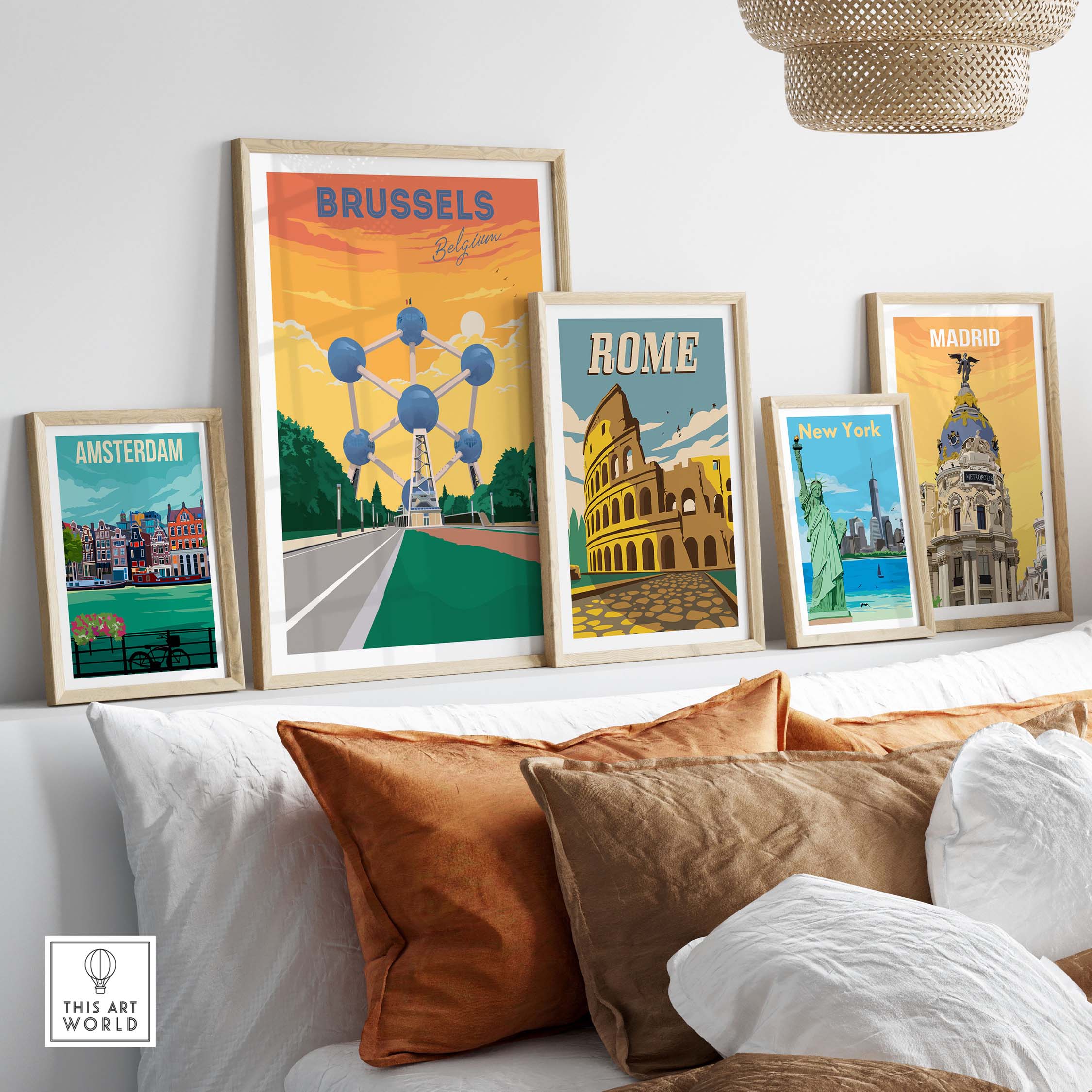 Brussels Print and vintage travel posters displayed in stylish frames, showcasing iconic cities like Amsterdam, Rome, and Madrid.