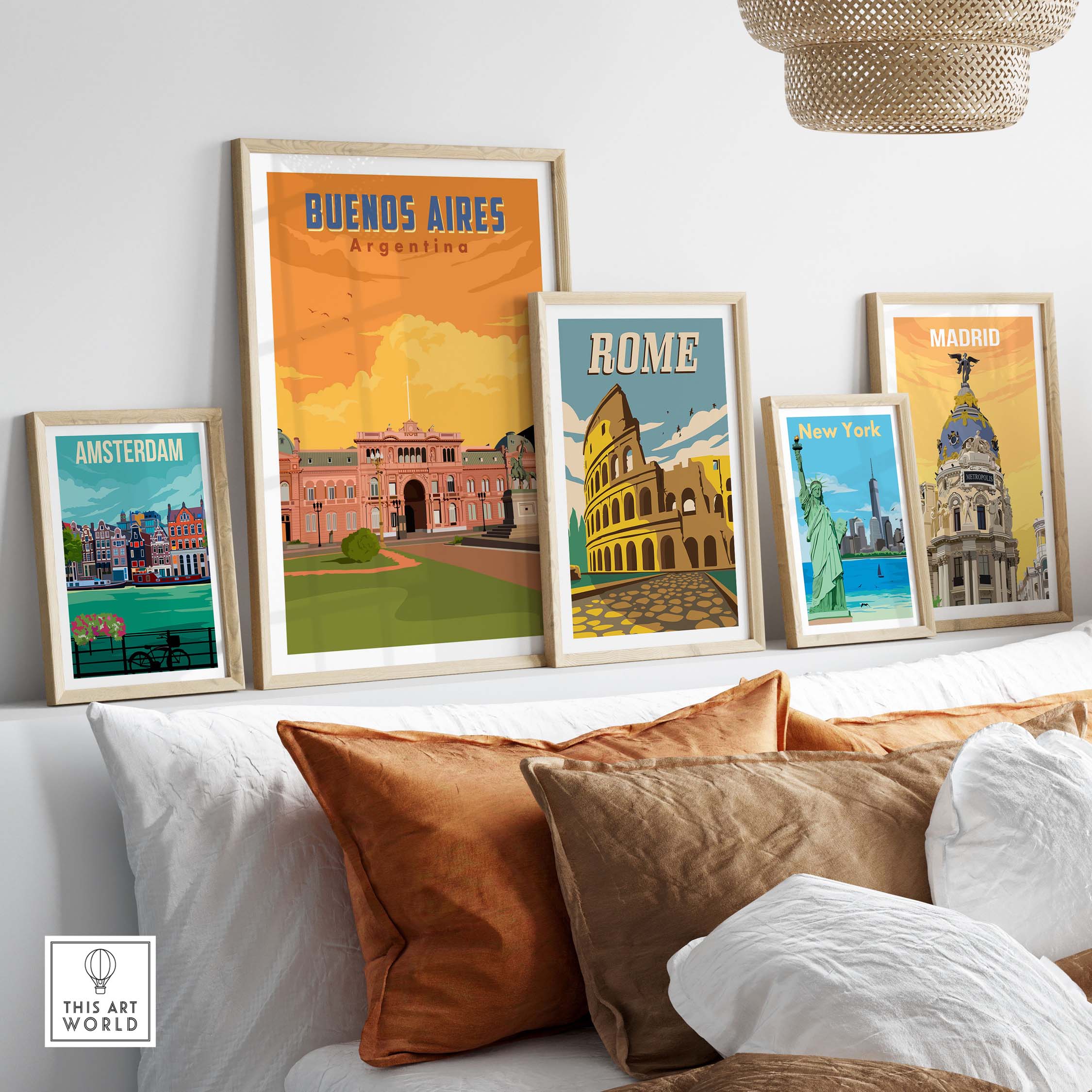 Buenos Aires print among vintage travel posters of Amsterdam, Rome, and Madrid in a stylish interior setup.